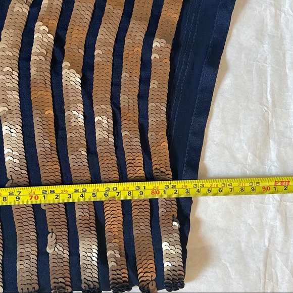 French Connection Sequin Shift Dress Size 4 Black Gold Stripe Short Sleeve Dress - Picture 14 of 15